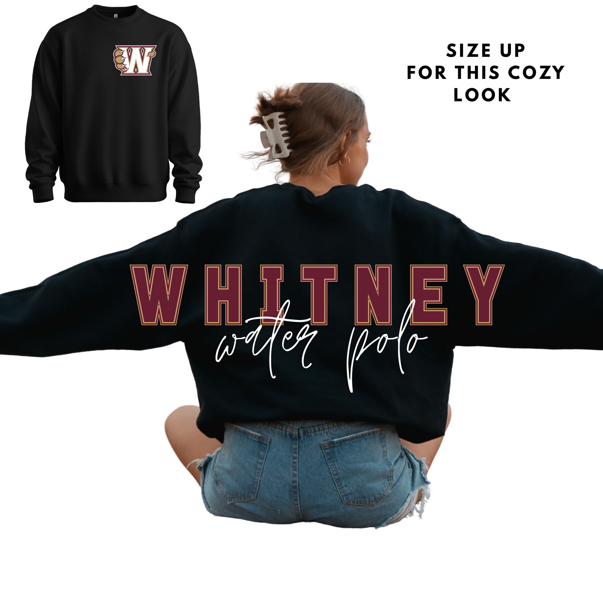 Whitney Water Polo Crewneck- Big Letters- Black