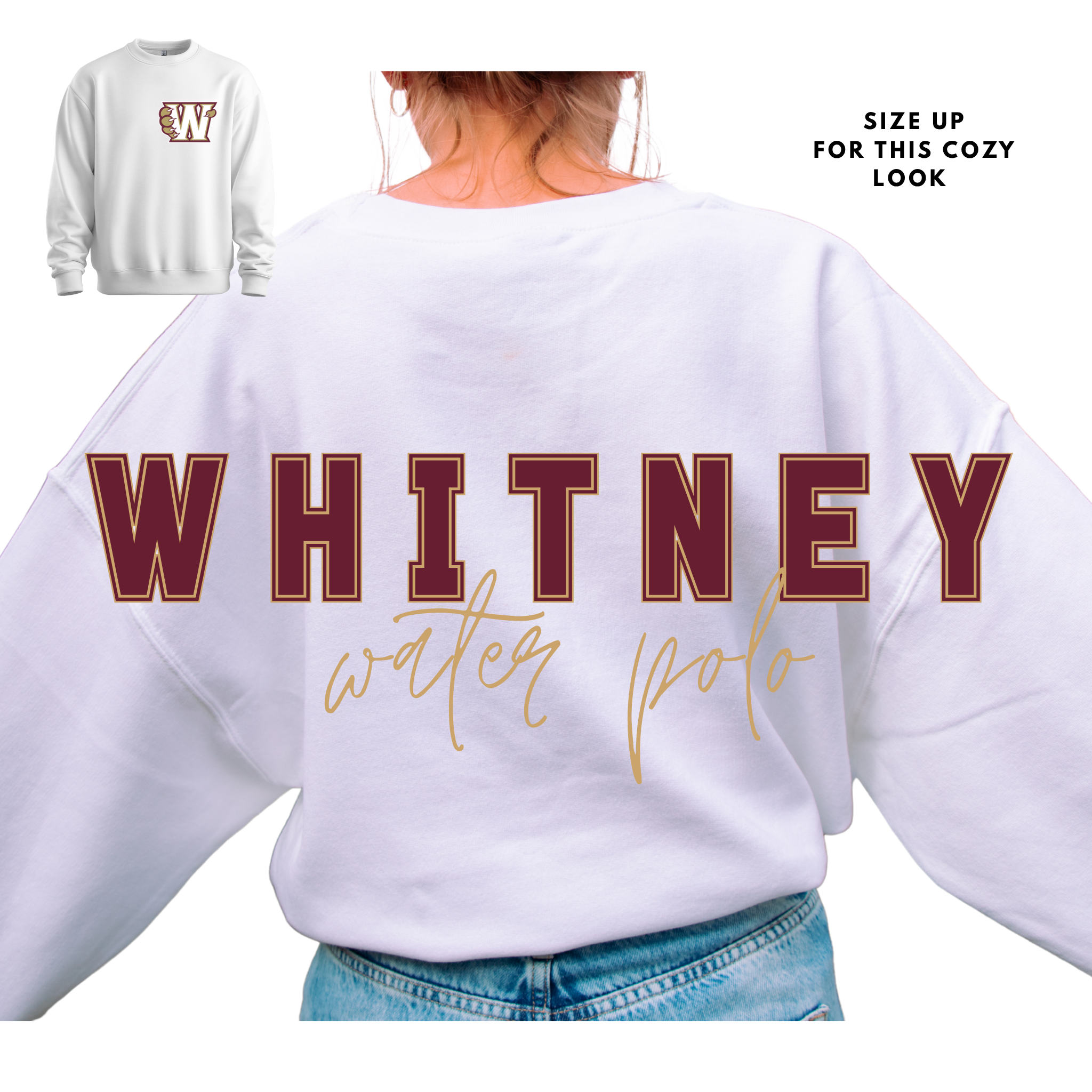 Whitney Water Polo Crewneck- Big Letters- White